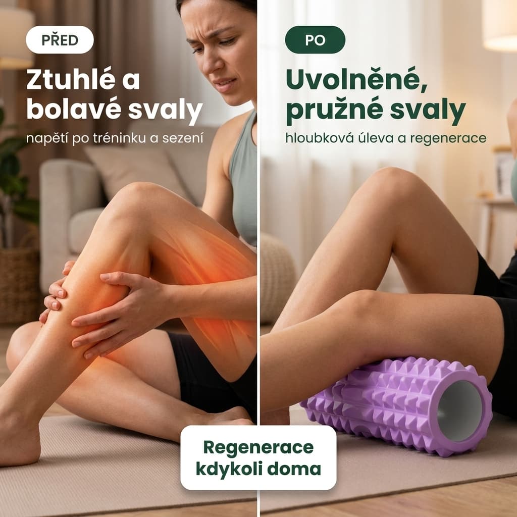 Masážní válec s výstupky před a po – uvolnění ztuhlých svalů
